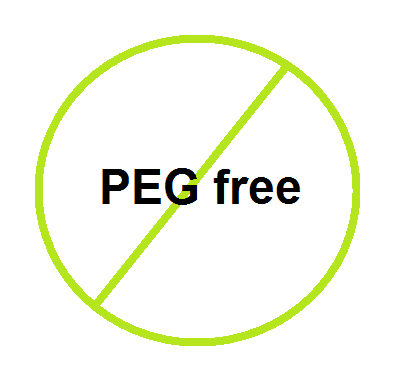Green crossed-out circle with the words PEG free on a white background.