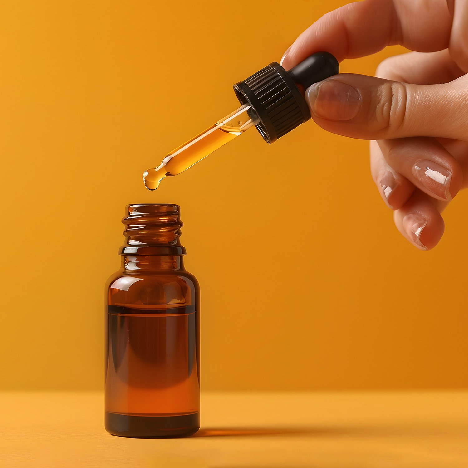 Eine Frau tropft das Öl-Serum mit Q10 mit einer Pipette in ein Glasfläschchen vor einem kräftig gelben Hintergrund. Stellen Sie dieses Serum nach der Anleitung von Handymade her.
