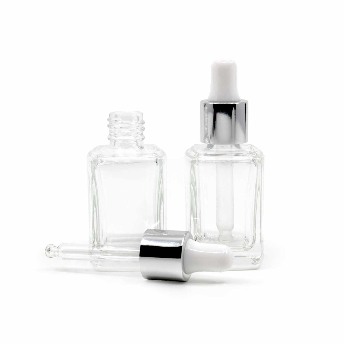 Butelka szklana kwadratowa przezroczysta, biało-srebrny błyszczący kroplomierz, 10 ml