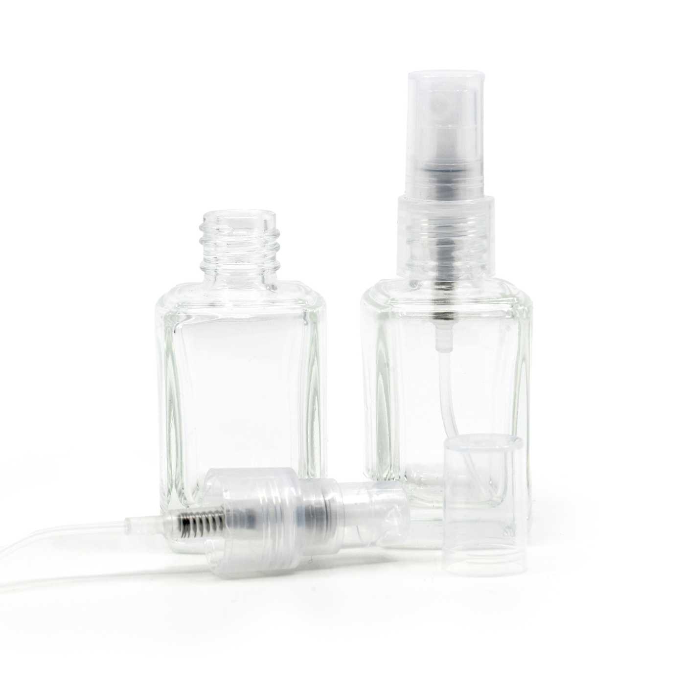Sklenená fľaška, priehľadná, hranatá, 10 ml, rozprašovač