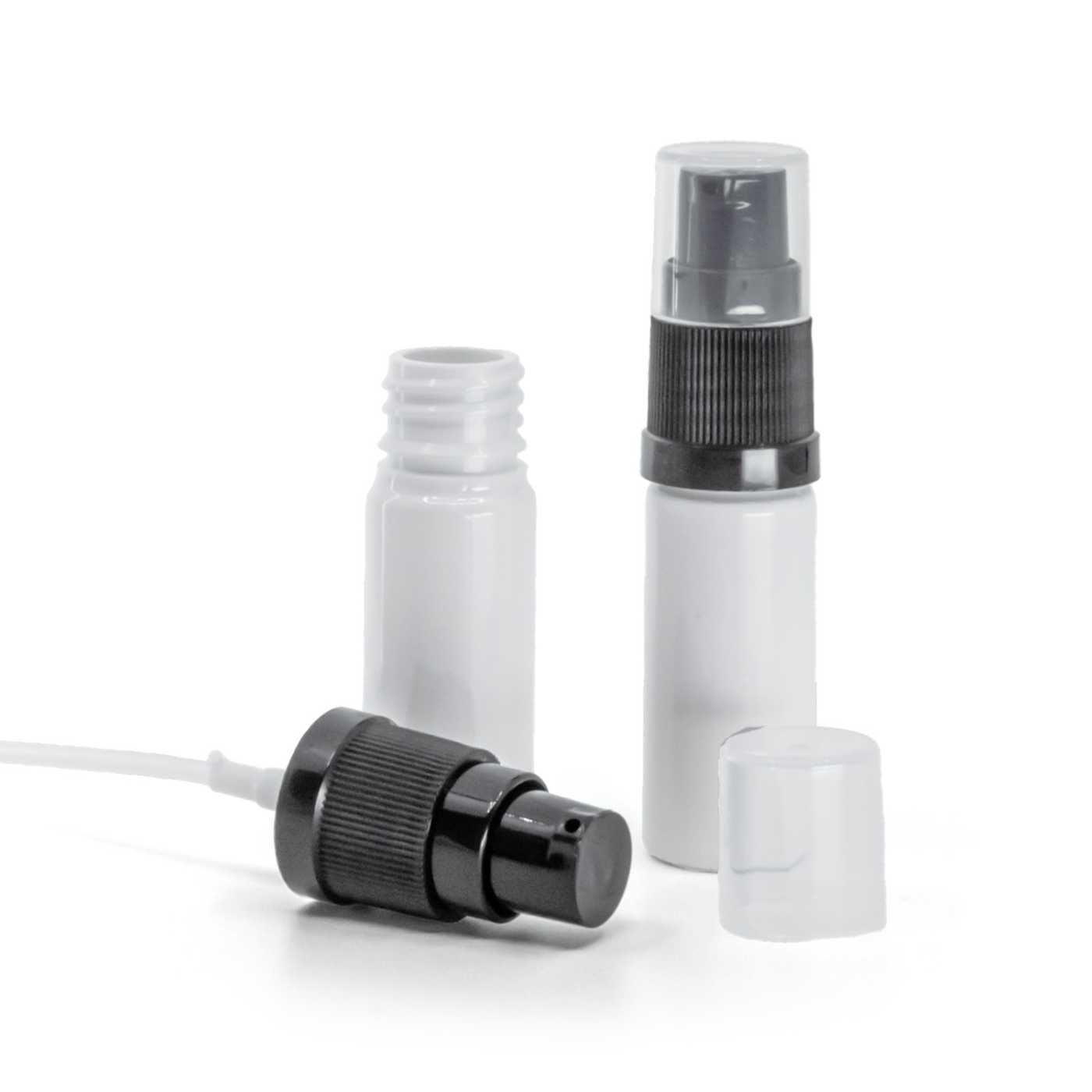 Butelka plastikowa biała, czarna pompka do kremów, 10 ml