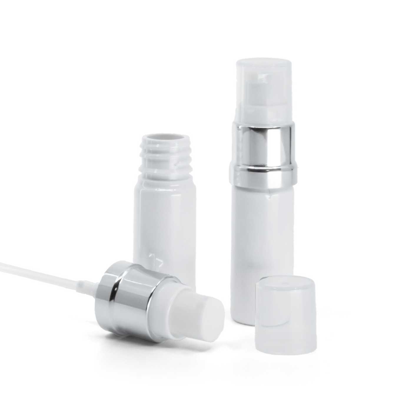 Butelka plastikowa biała, dozownik biało-srebrny błyszczący, 10 ml