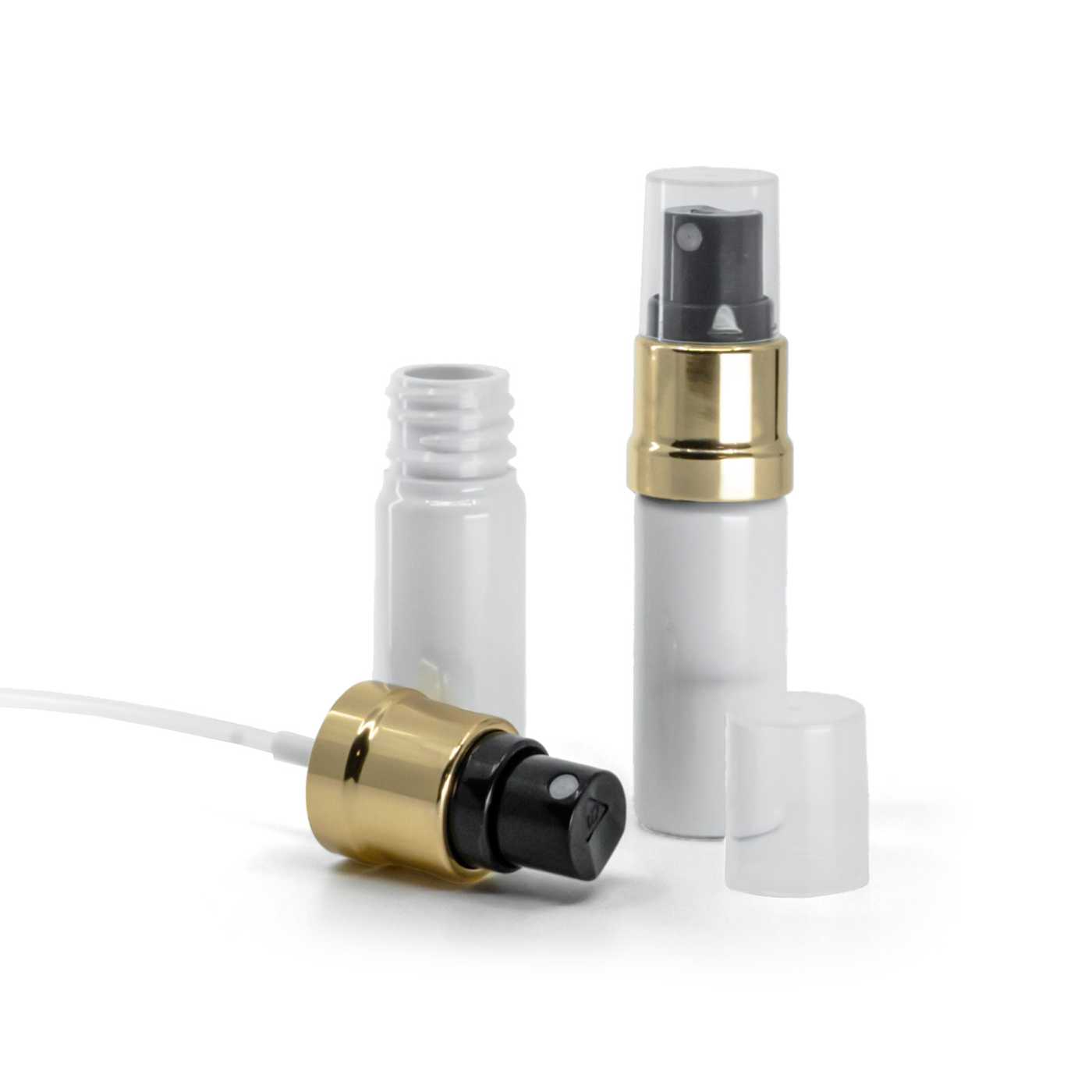 Butelka plastikowa biała, czarno-złoty atomizer, 10 ml