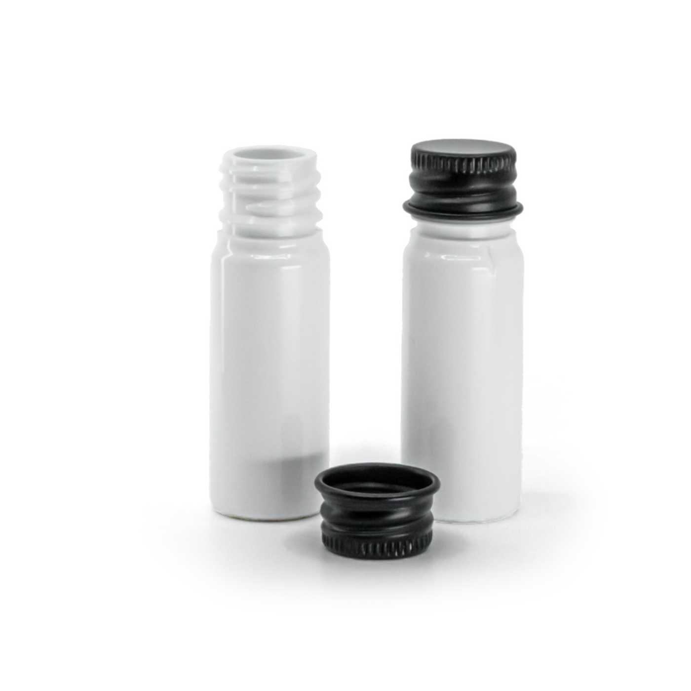 Butelka plastikowa apteczna, biała, nakrętka aluminiowa czarna, 10 ml
