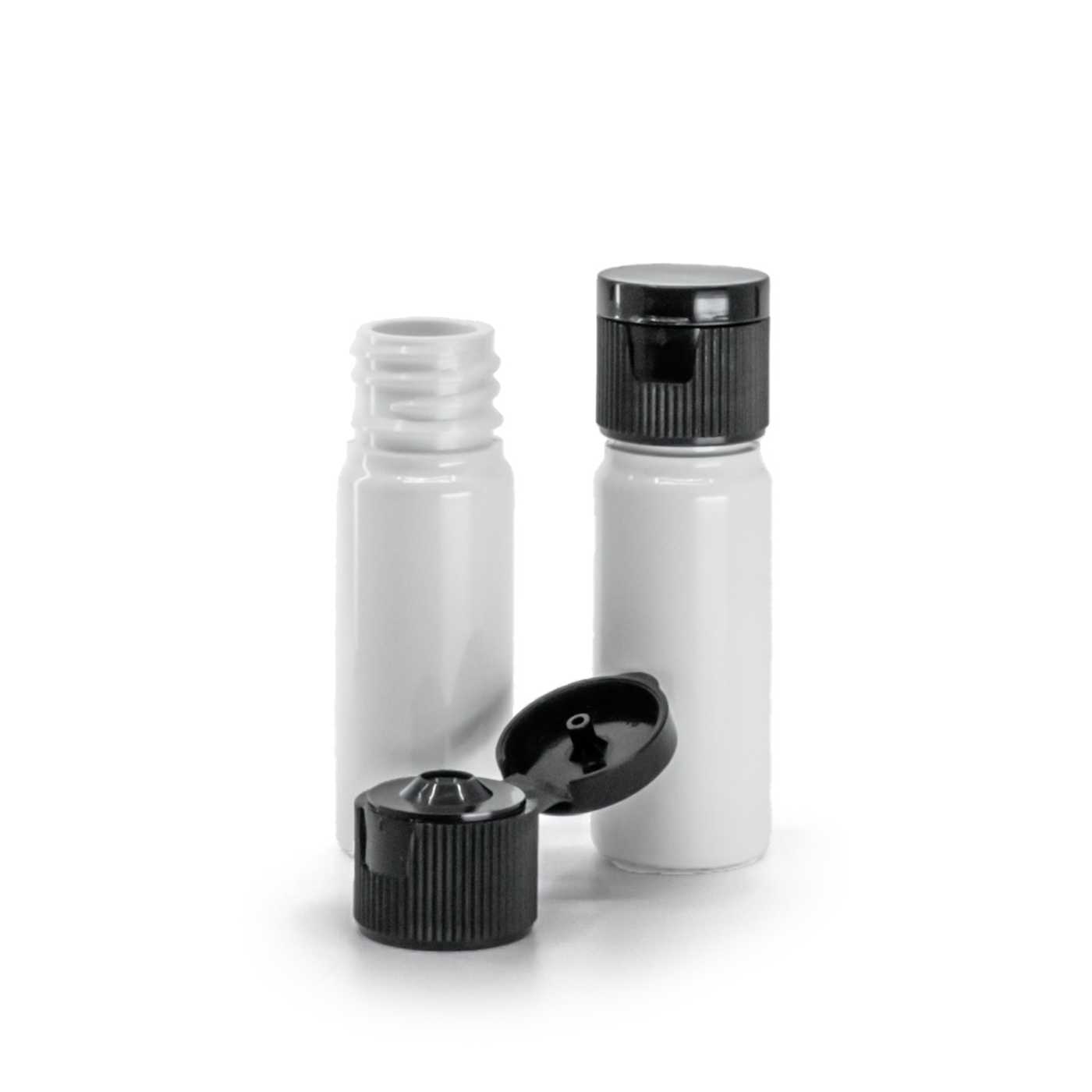 Butelka plastikowa apteczna, biała, nakrętka plastikowa flip top czarna, 18 mm, 10 ml