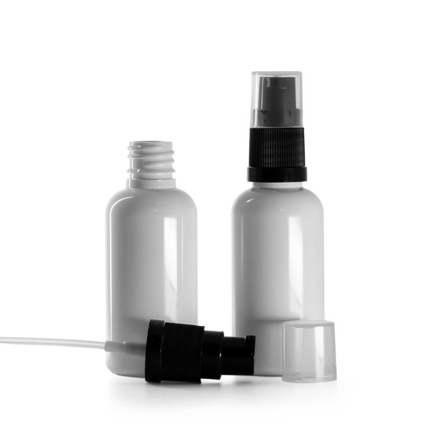 Butelka plastikowa biała, czarna pompka do kremów, 50 ml