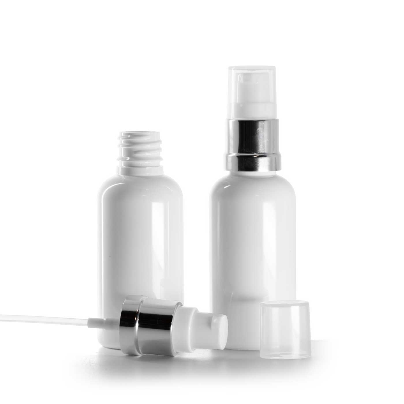 Butelka plastikowa biała, dozownik biało-srebrny błyszczący, 50 ml