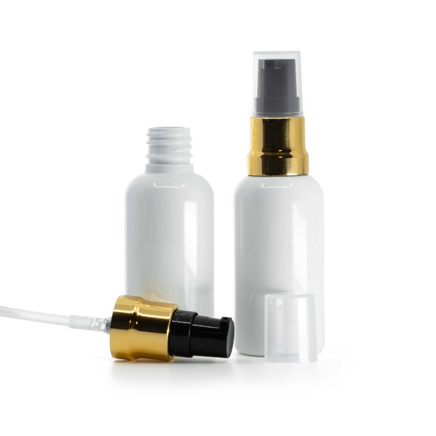 Butelka plastikowa biała, czarno-złoty błyszczący dozownik, przezroczysty kapturek, 10 ml