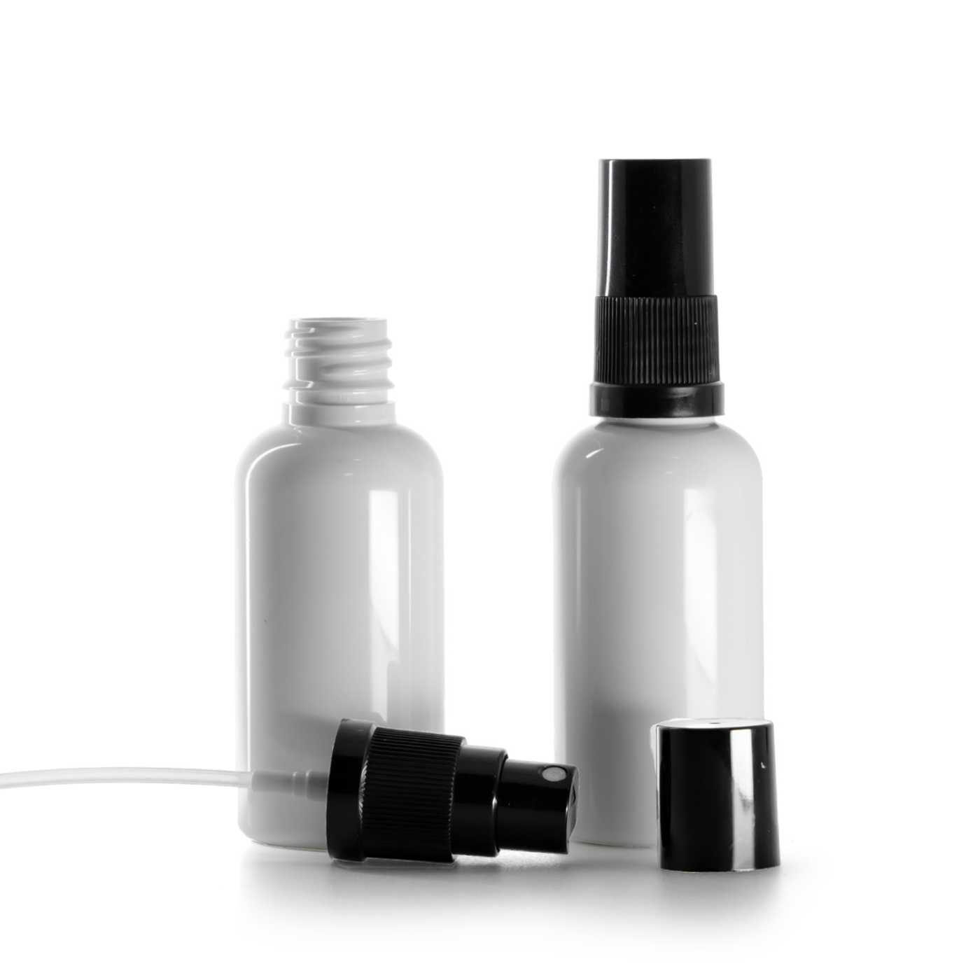 Butelka plastikowa apteczna, biała, atomizer czarny, kapturek czarny, 50 ml