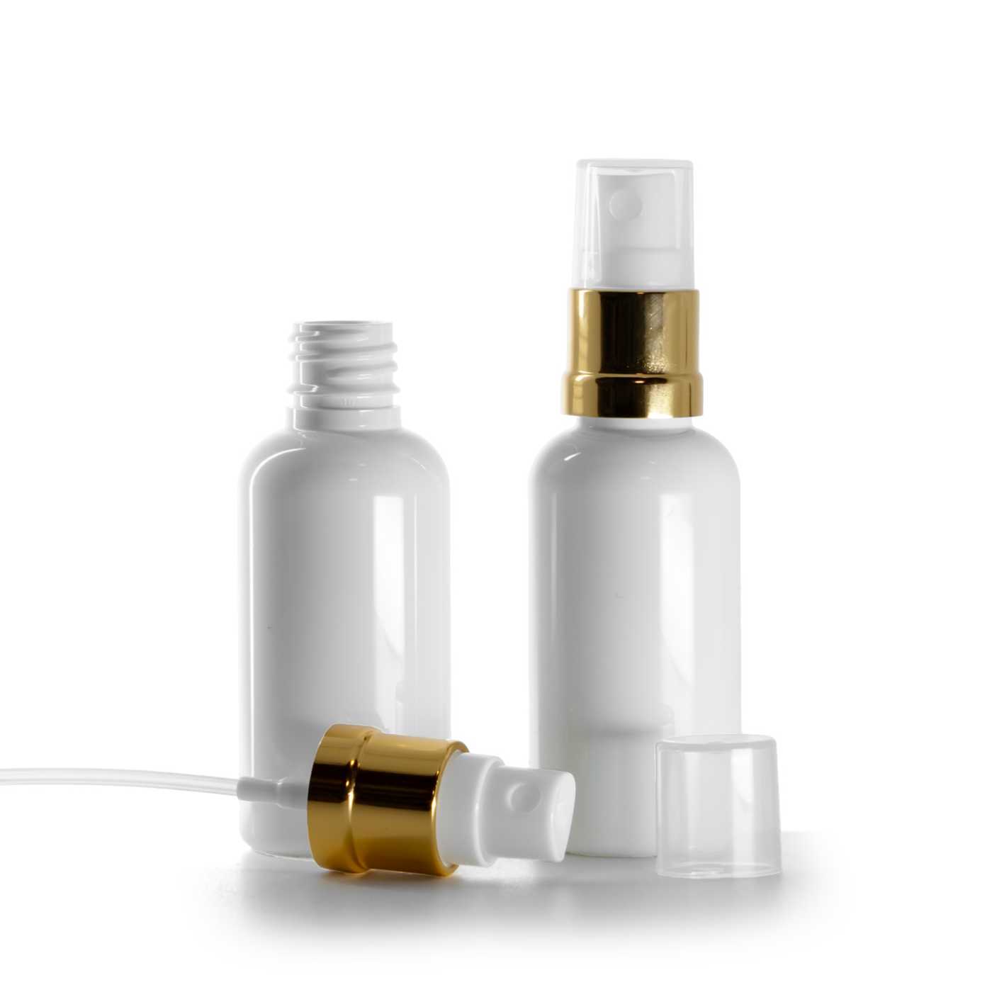 Butelka plastikowa biała, atomizer biało-złoty, 50 ml