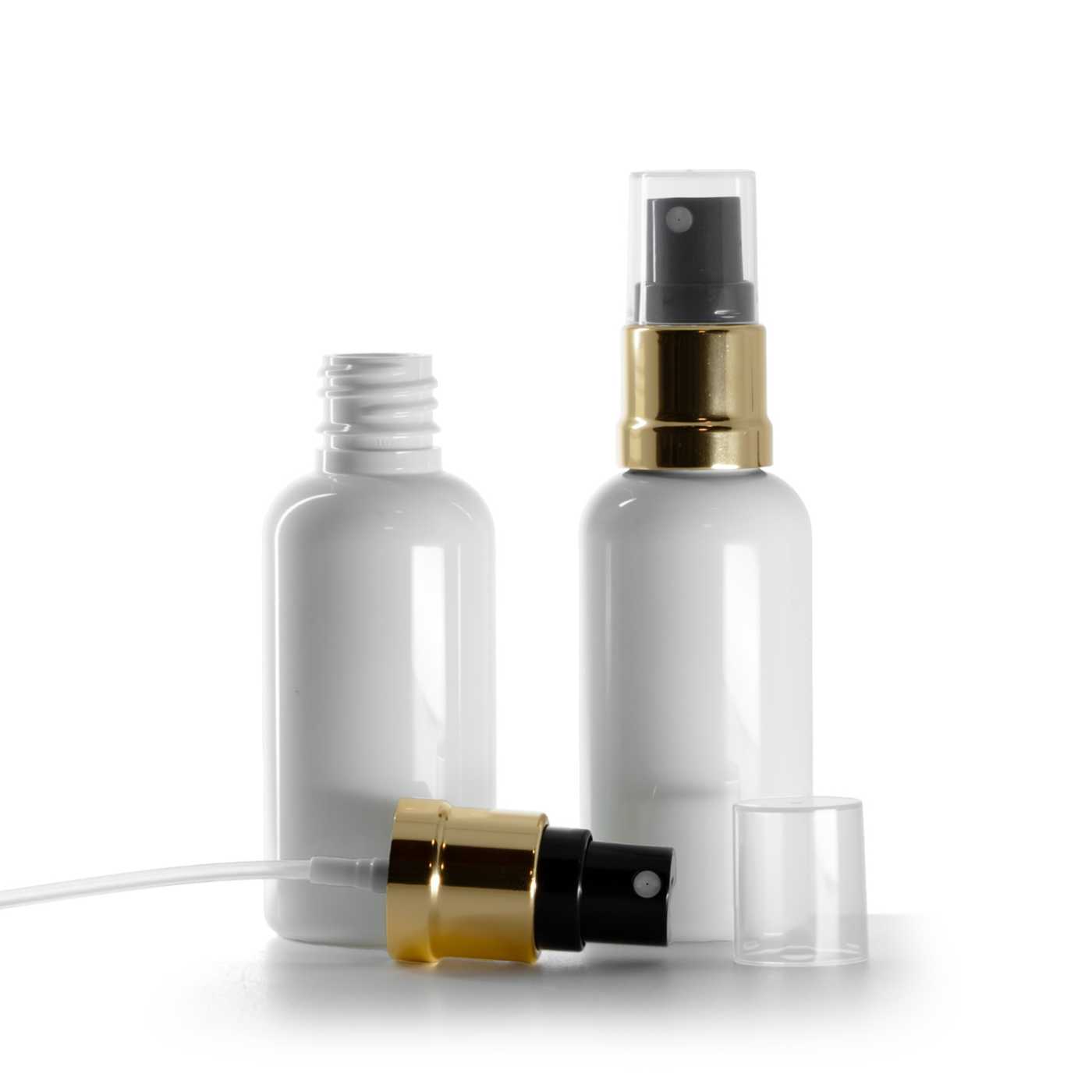 Butelka plastikowa biała, czarno-złoty atomizer, 50 ml