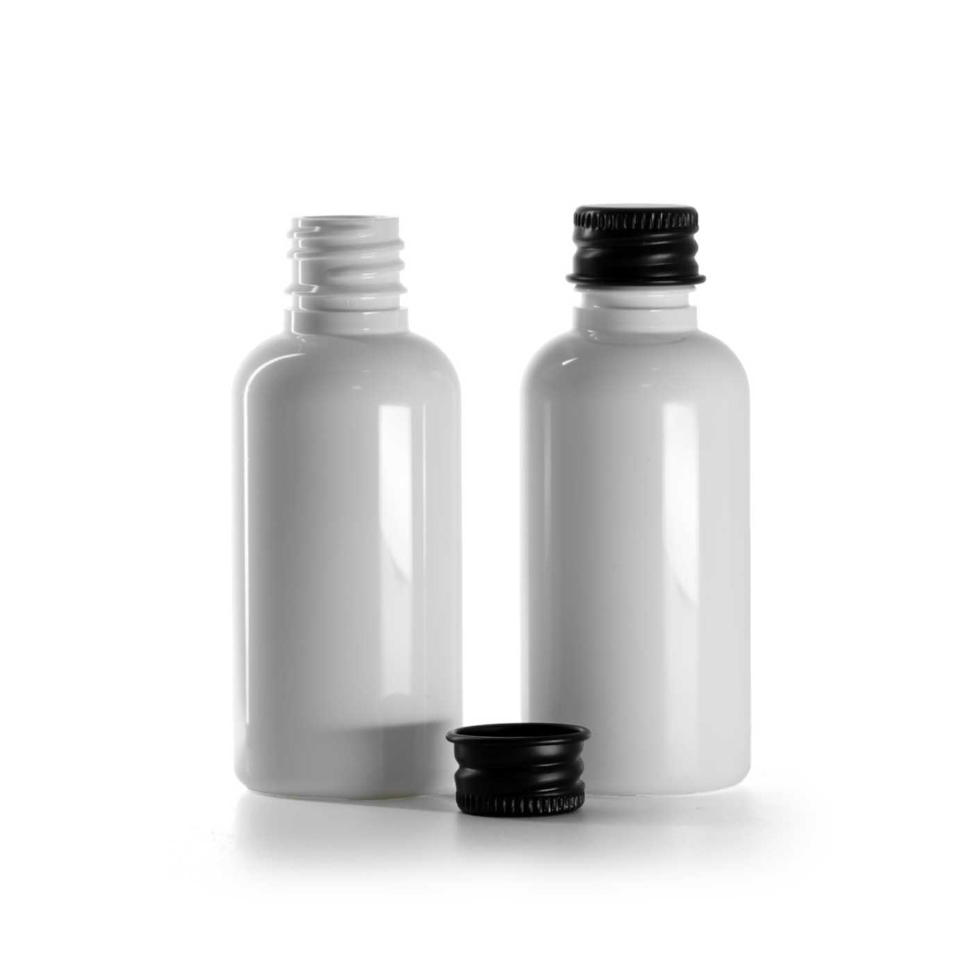 Butelka plastikowa apteczna, biała, nakrętka aluminiowa czarna, 50 ml