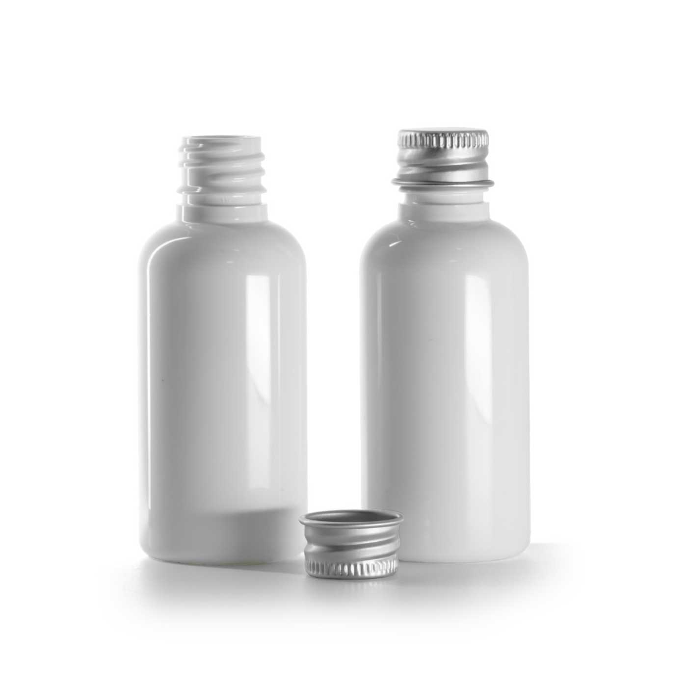 Butelka plastikowa apteczna, biała, nakrętka aluminiowa, 50 ml