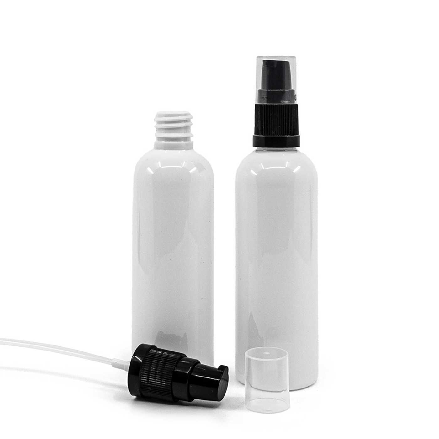 Butelka plastikowa biała, 18/410, czarna pompka do kremów, 100 ml