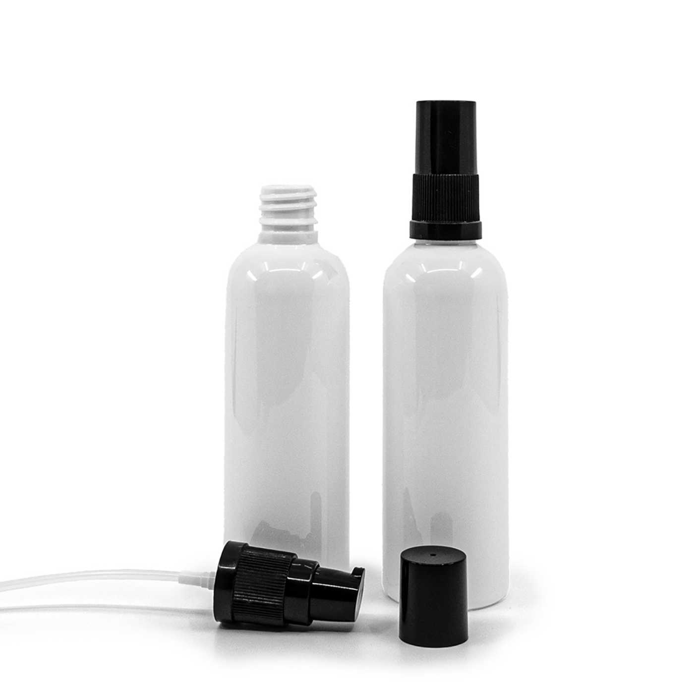 Butelka plastikowa biała, 18/410, czarna pompka do kremów z czarnym kapturkiem, 100 ml