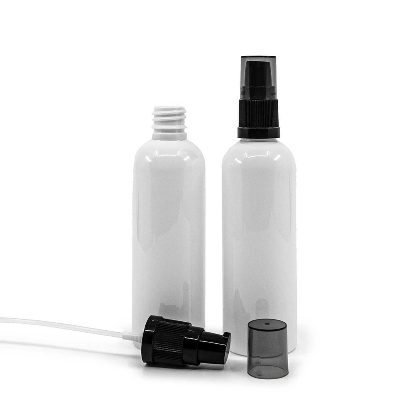 Butelka plastikowa biała, 18/410, czarna pompka do kremów z przydymionym kapturkiem, 100 ml
