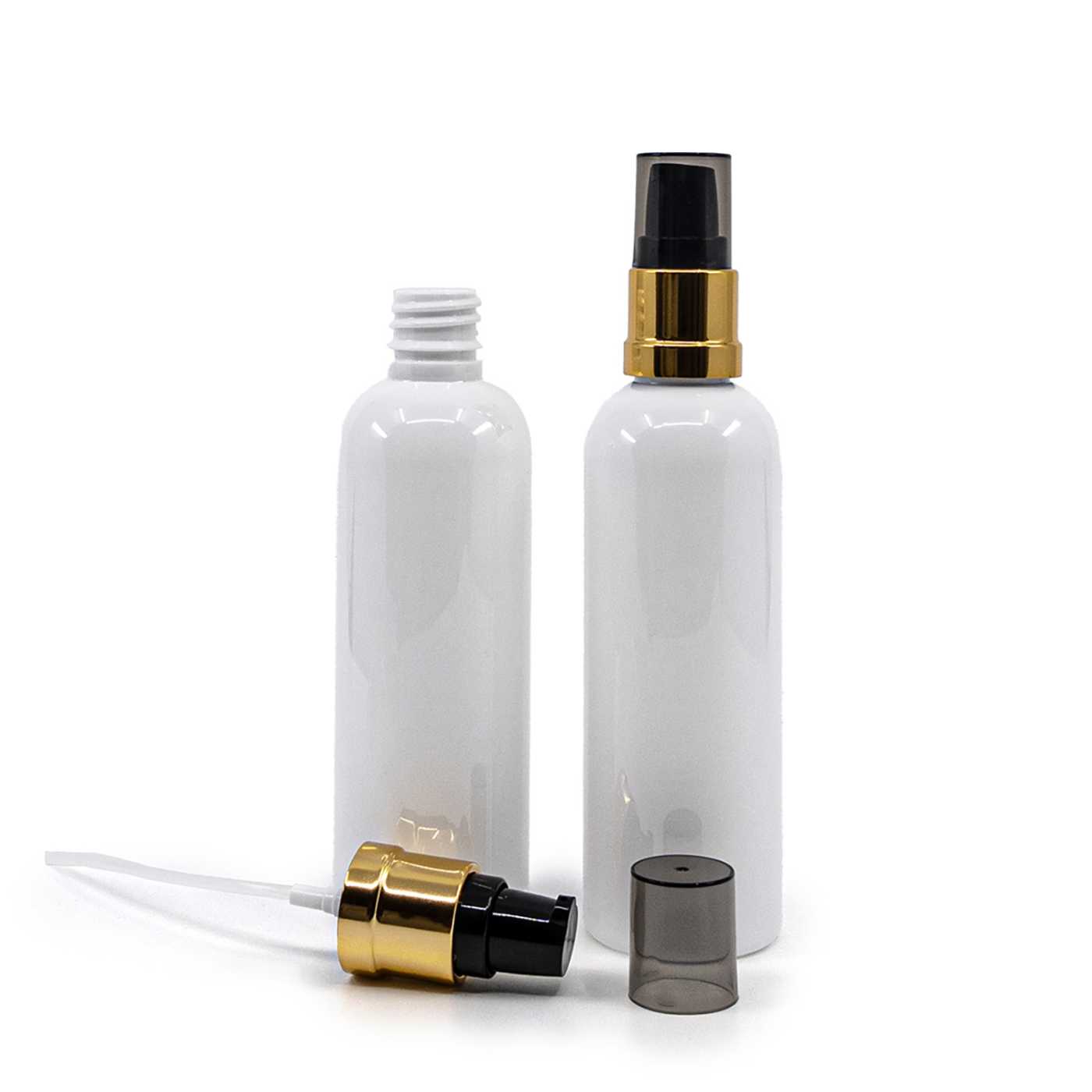 Plastová fľaša biela, čierno-zlatý dávkovač, lesklý s dymovým krytom, 100 ml