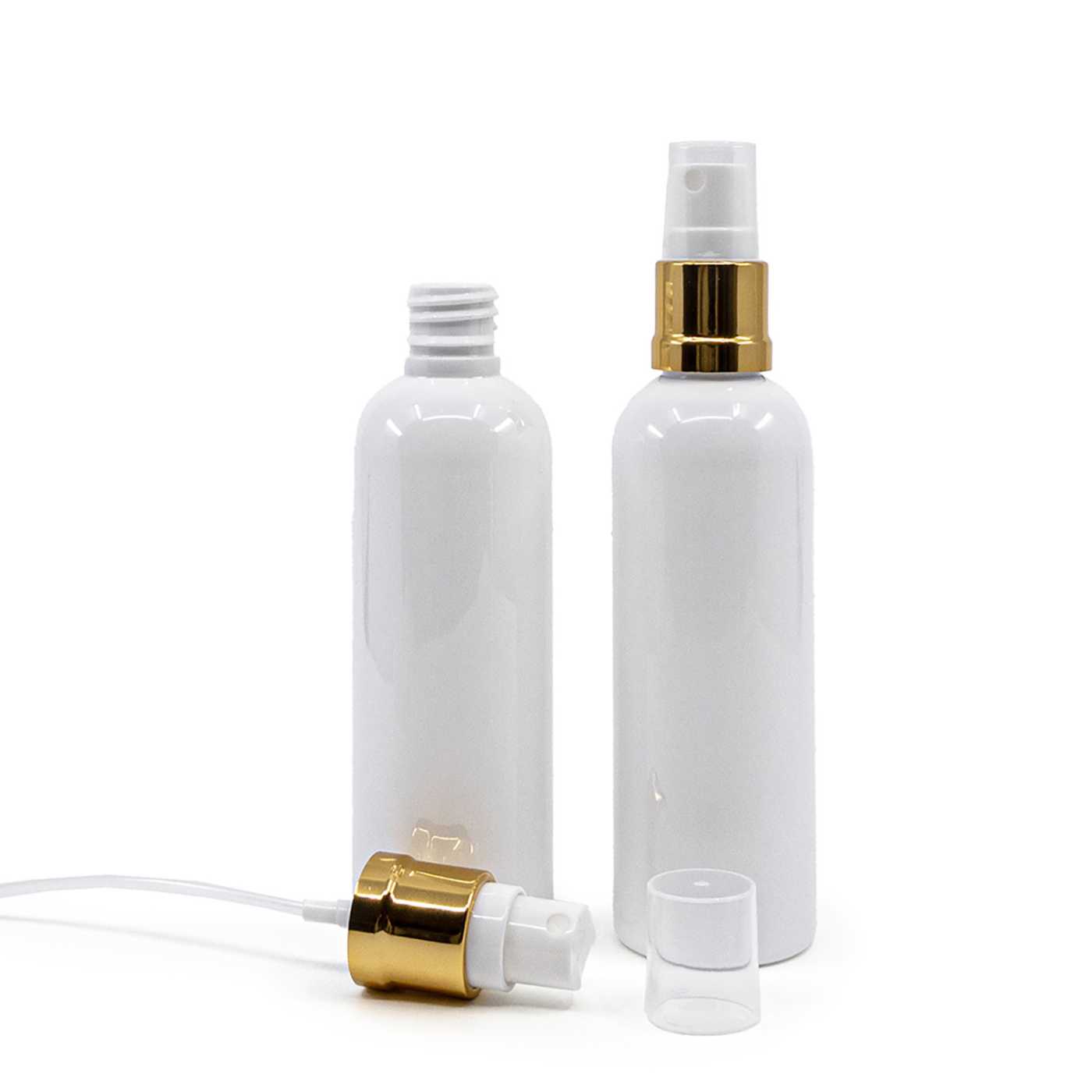 Butelka plastikowa biała, atomizer biało-złoty, 100 ml