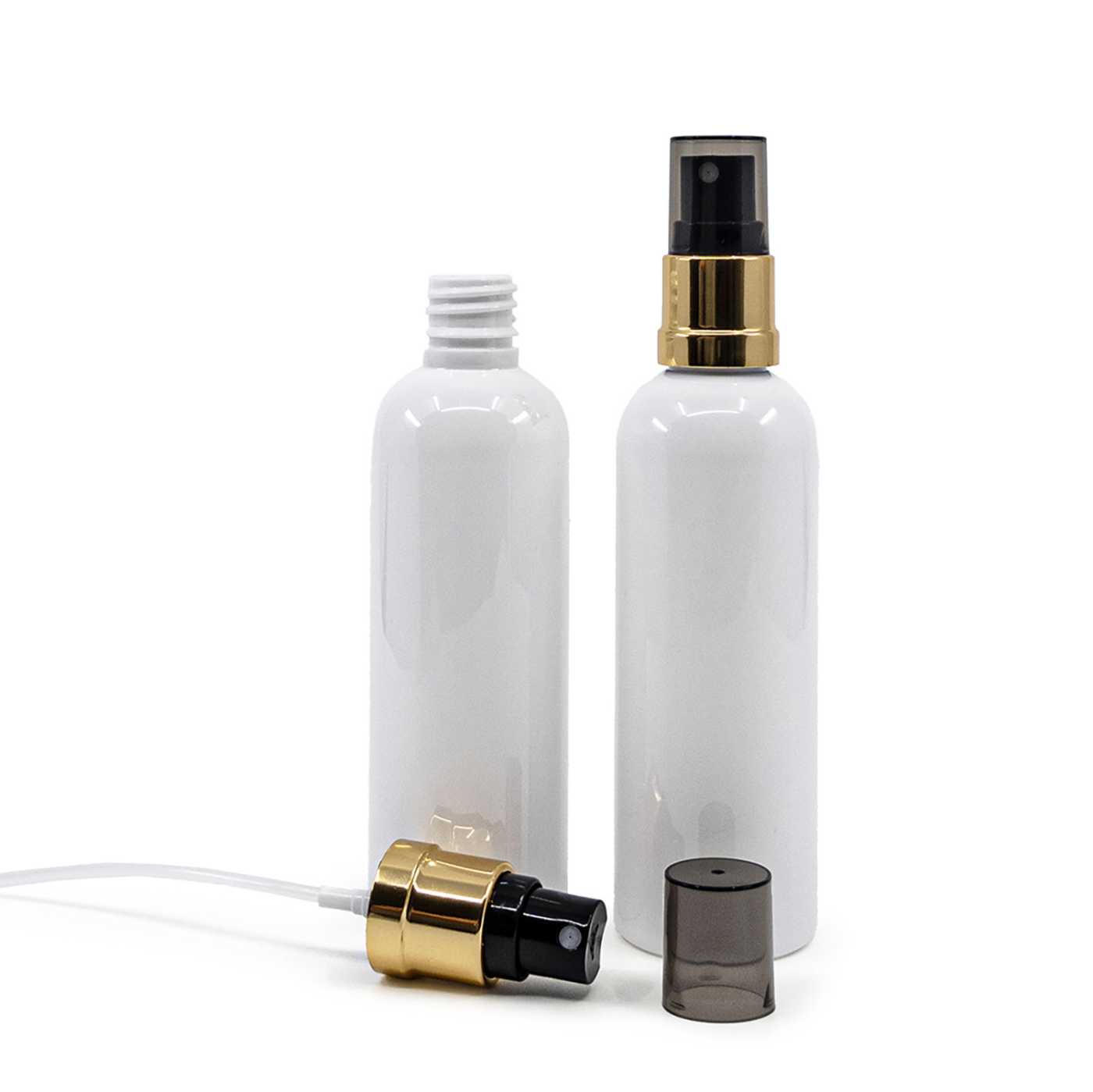 Butelka plastikowa biała, czarno-złoty atomizer, przydymiony kapturek, 100 ml