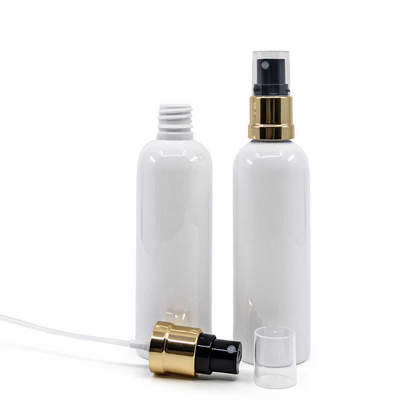 Butelka plastikowa biała, czarno-złoty atomizer, 100 ml