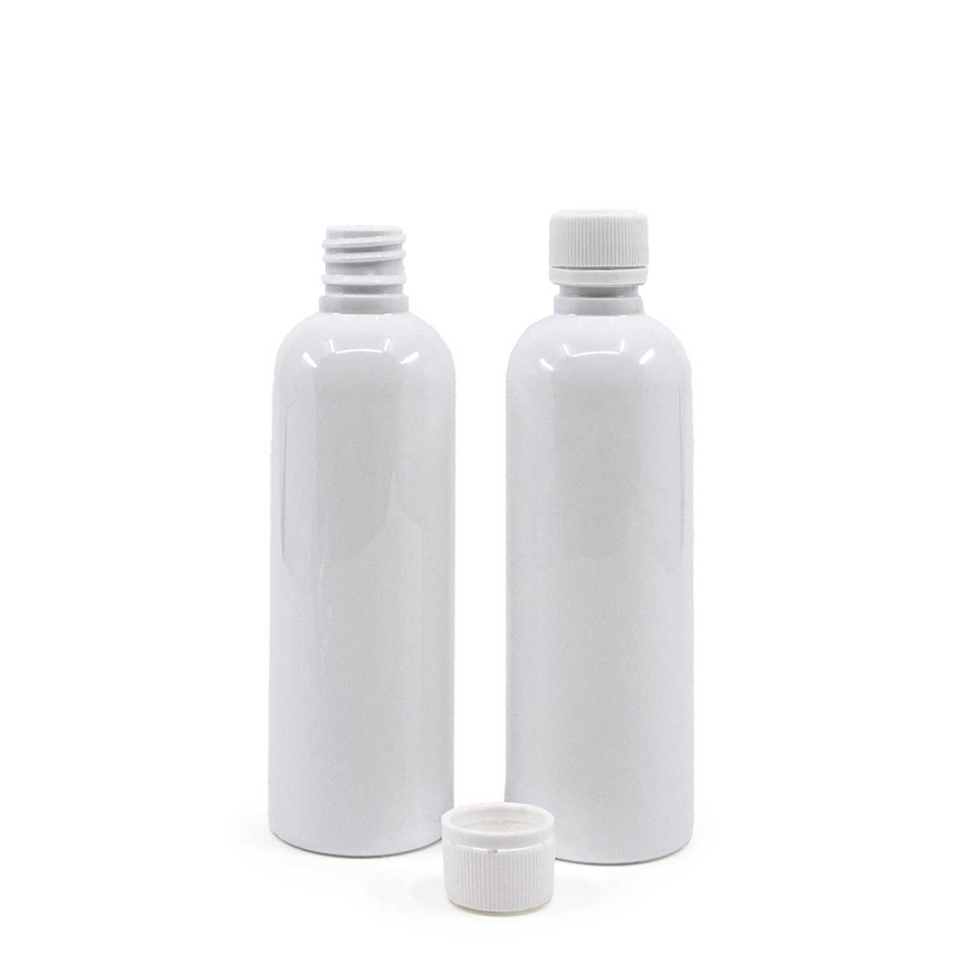 Plastová fľaša biela, biely vrchnák s poistným krúžkom, 100 ml