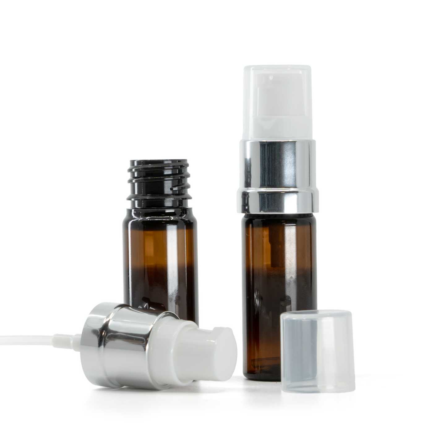 Butelka plastikowa brązowa, biało-srebrna błyszcząca pompka, 10 ml
