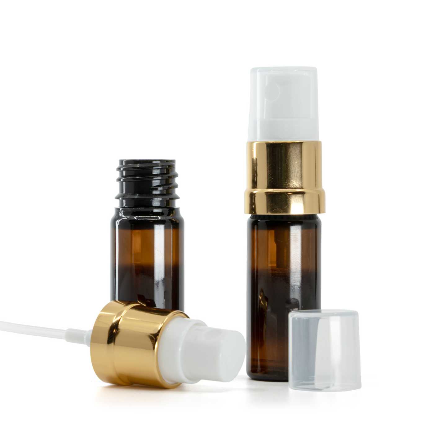 Butelka plastikowa apteczna, brązowa, biało-złoty atomizer, 10 ml