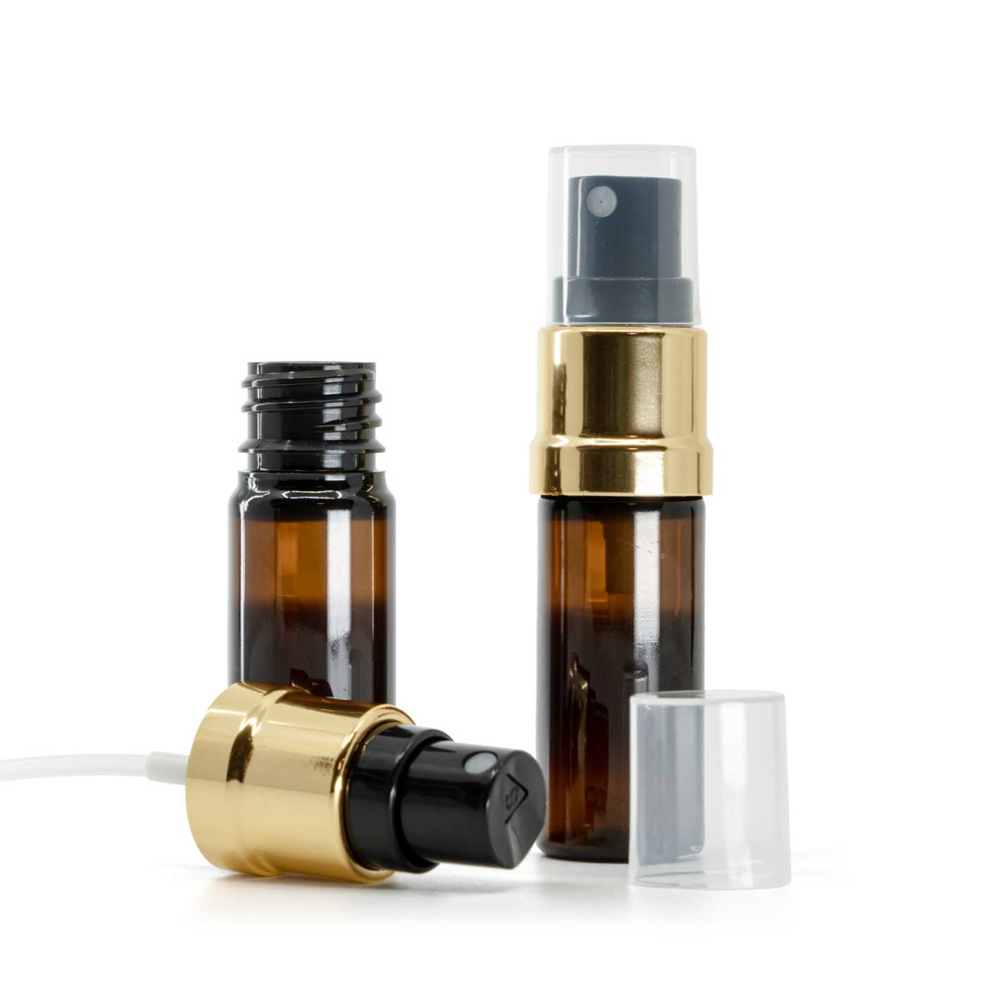 Butelka plastikowa apteczna, brązowa, czarno-złoty atomizer, 10 ml