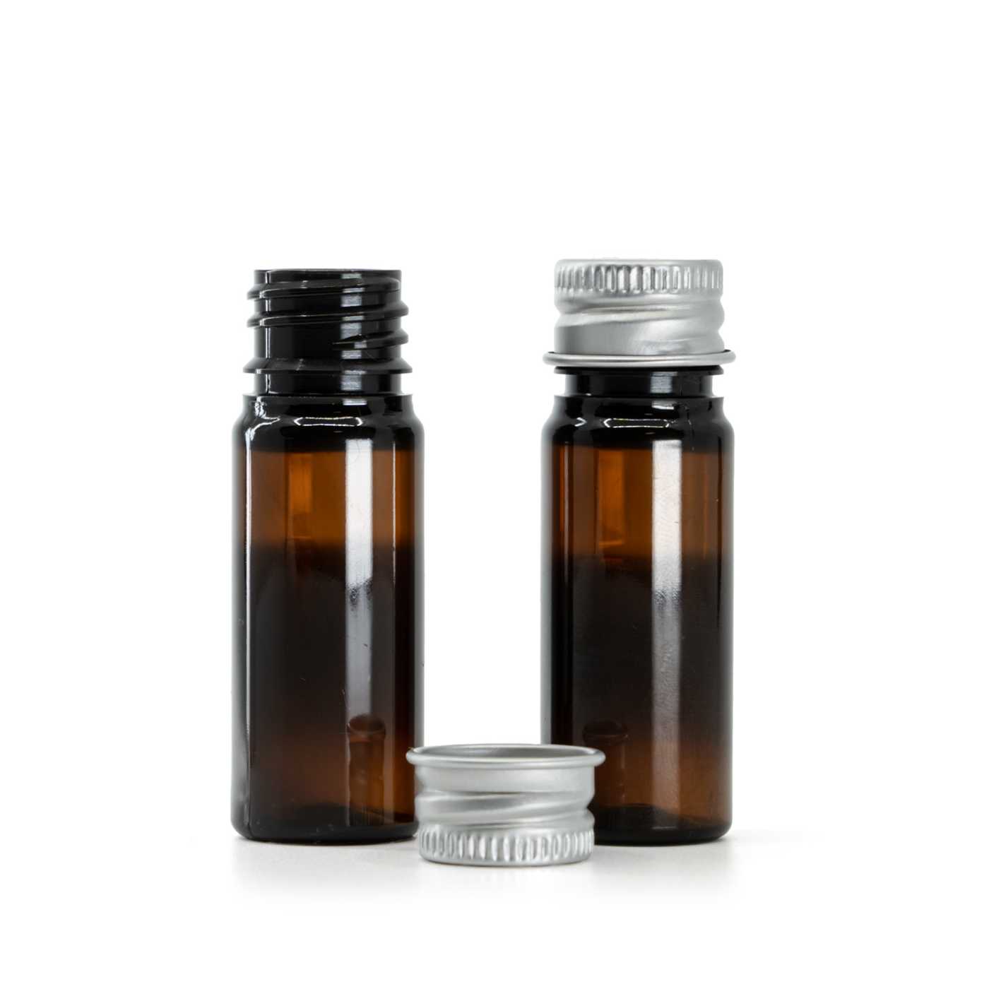 Butelka plastikowa brązowa, srebrna nakrętka aluminiowa, 10 ml