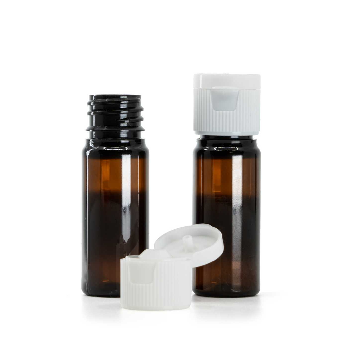 Plastová hnědá lahvička 10 ml, bílý flip-top uzávěr 18/410