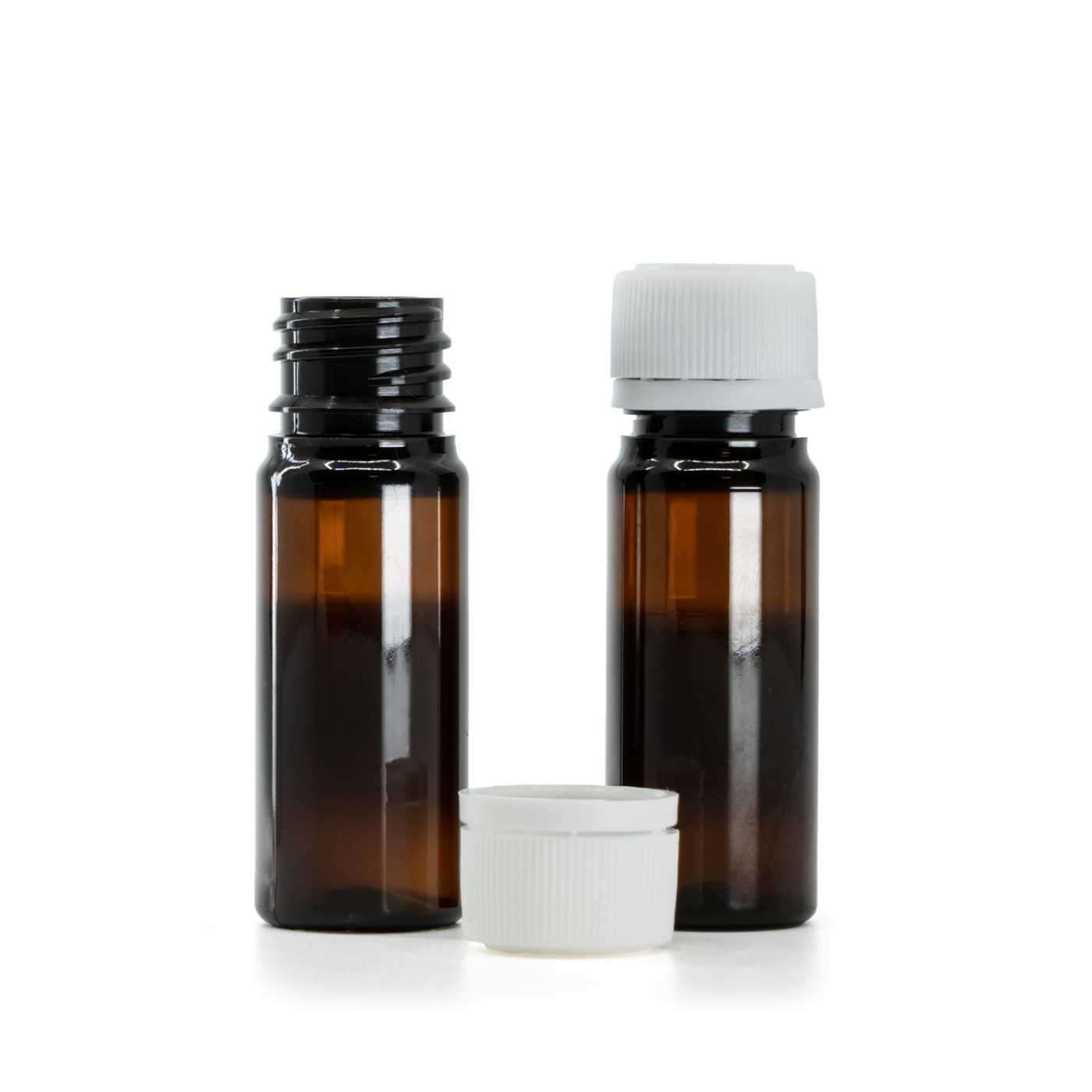 Hnědá plastová lahvička, bílý plastový bezpečnostní uzávěr, rýhovaný, 18/410, 10 ml