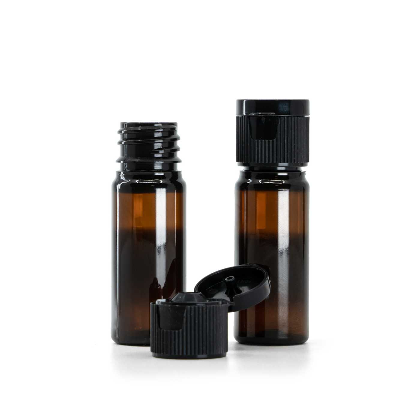 Plastová fľaška, liekovka, hnedá, plastový vrchnák, flip top, čierny, 18 mm, 10 ml