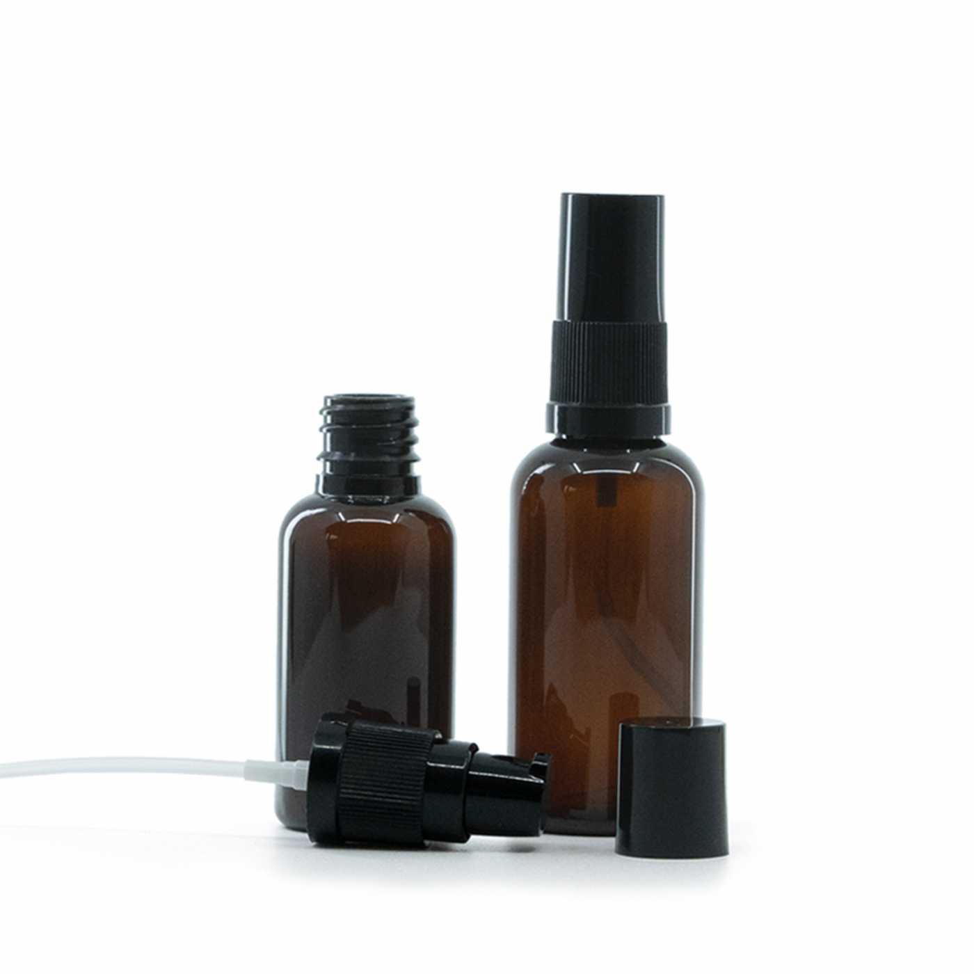 Butelka plastikowa bursztynowa, czarny dozownik do kremów z czarną nakładką, 30 ml