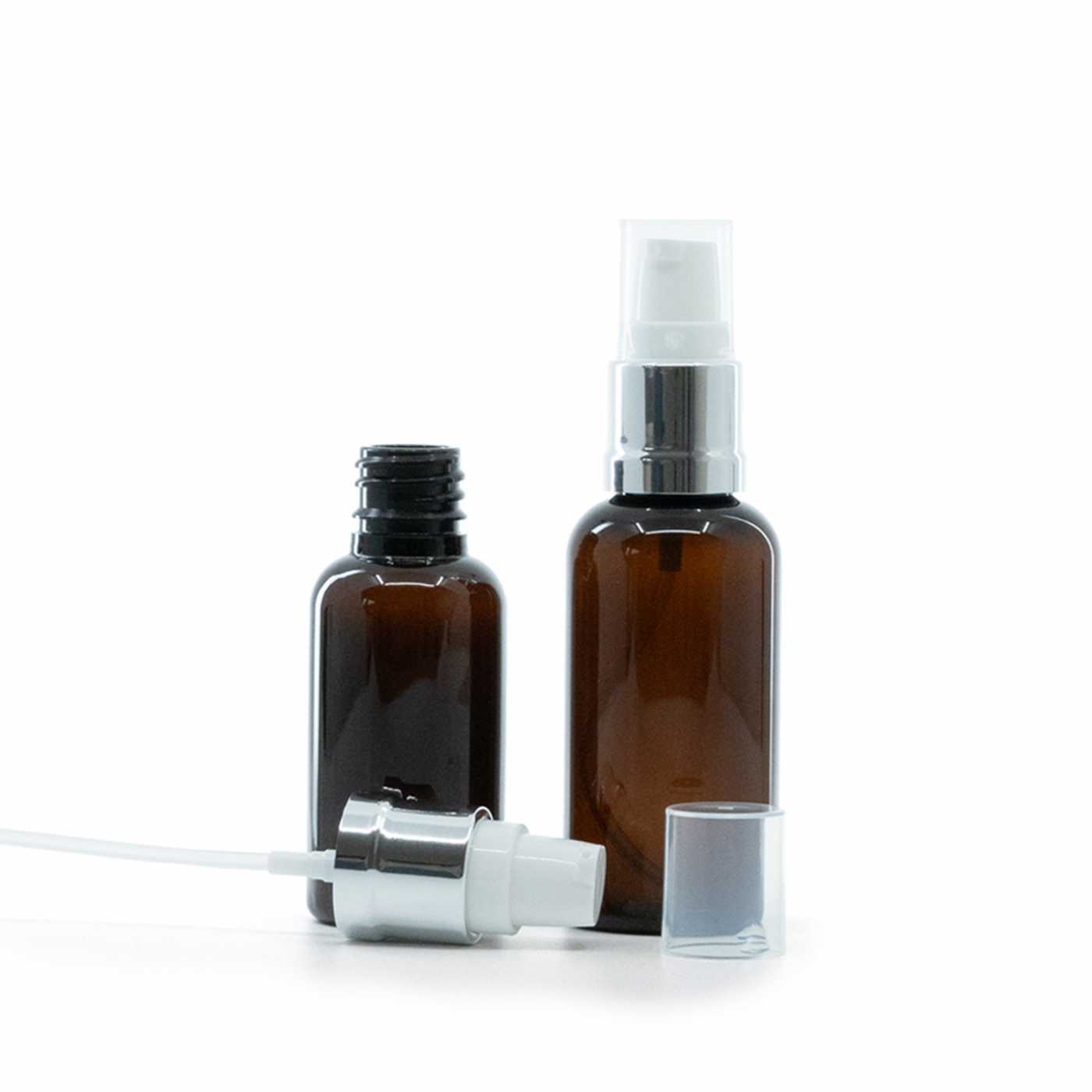 Butelka plastikowa brązowa, biało-srebrna błyszcząca pompka, 30 ml