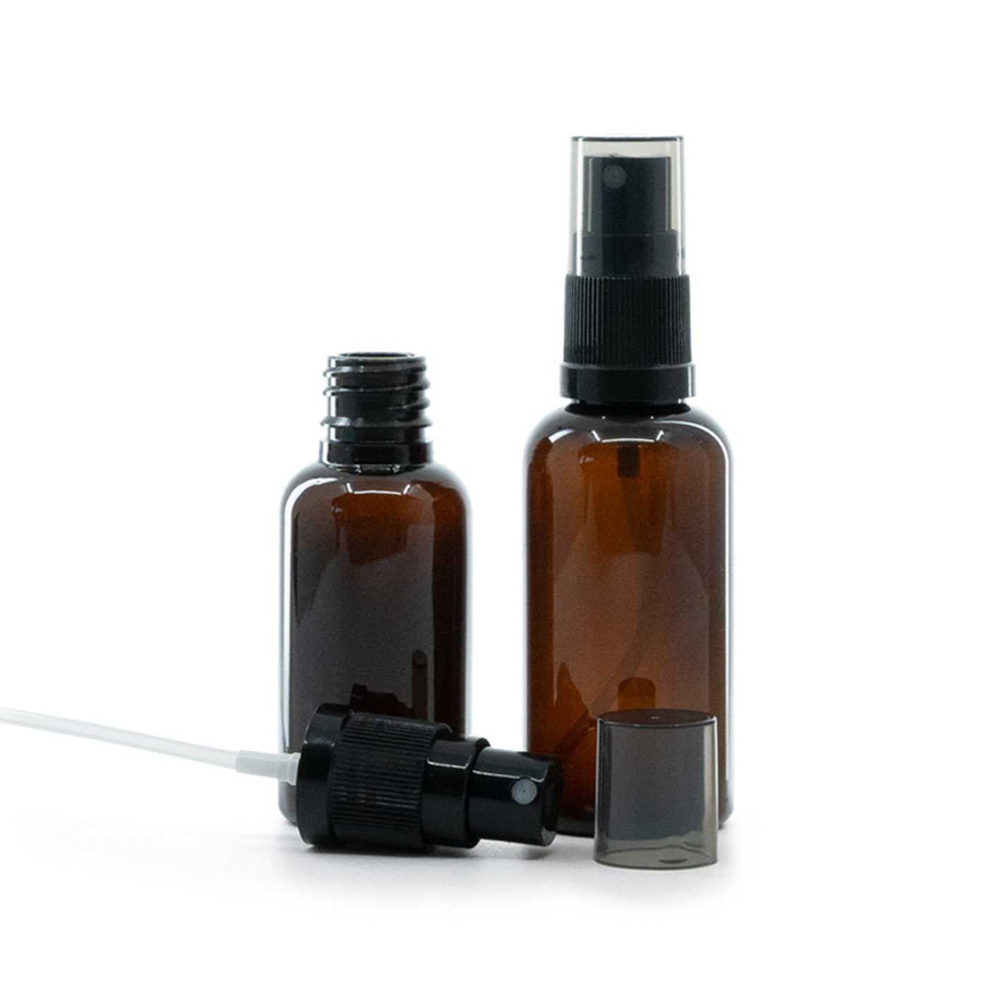 Butelka plastikowa bursztynowa, czarny atomizer, przydymiona nakładka, 30 ml