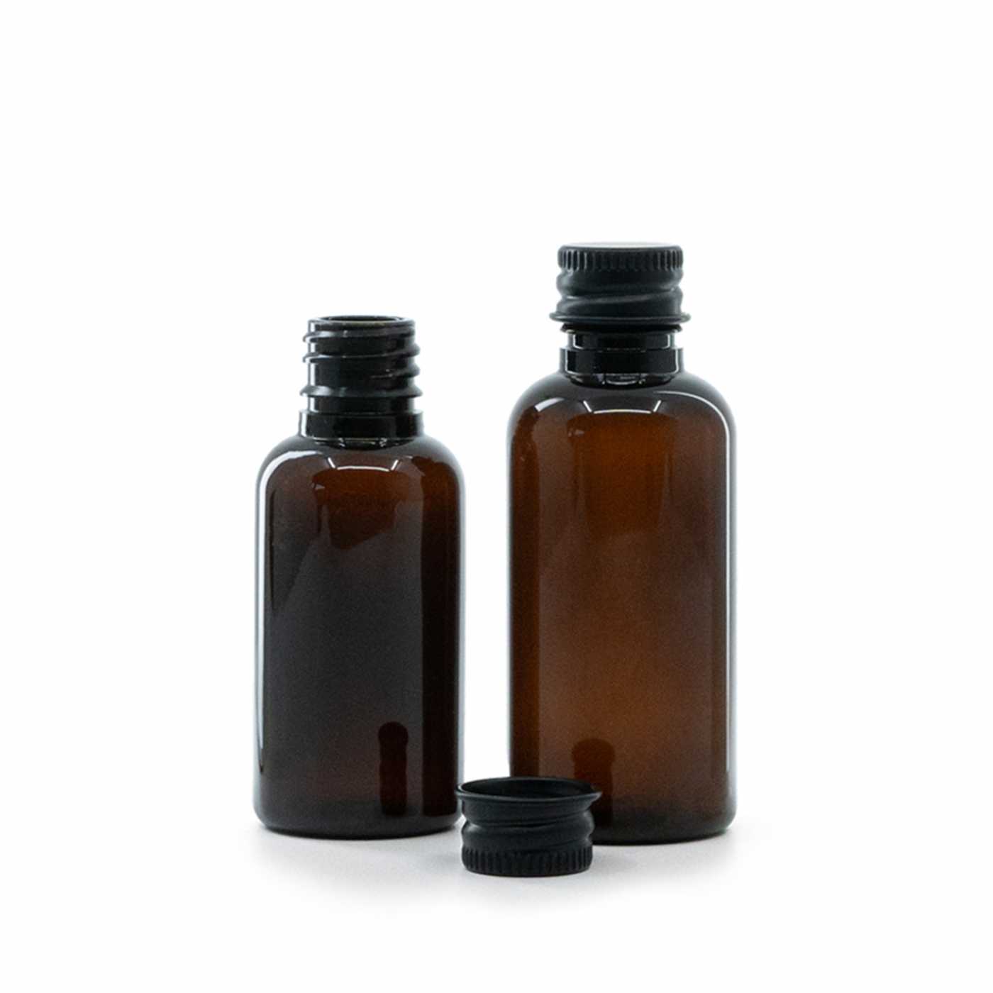Butelka plastikowa bursztynowa, czarna nakrętka aluminiowa, 30 ml