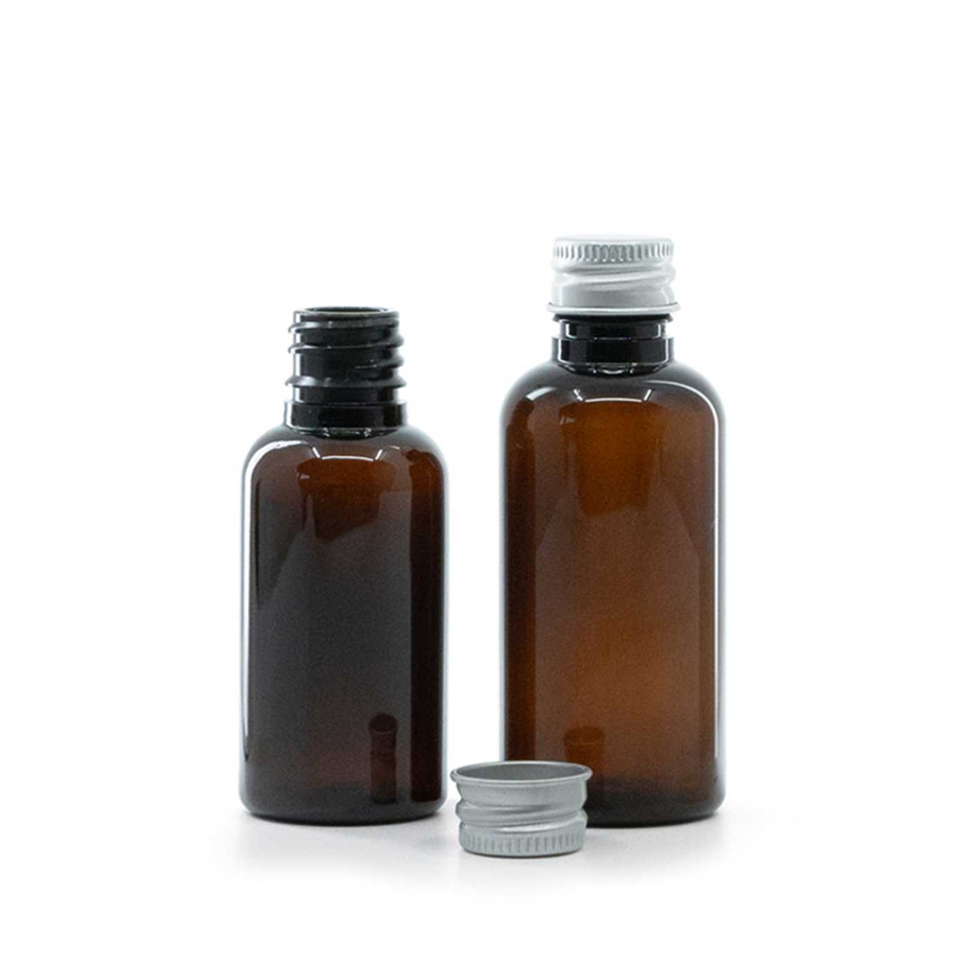 Butelka plastikowa brązowa, srebrna nakrętka aluminiowa, 30 ml