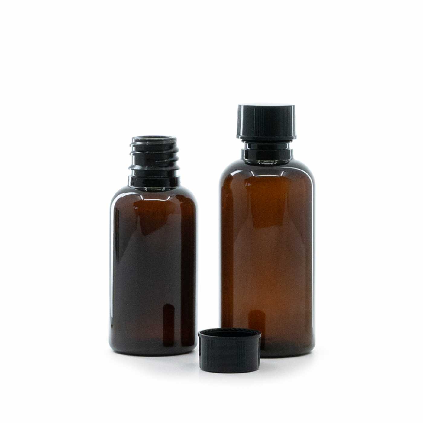 Butelka plastikowa brązowa, czarna nakrętka, 30 ml
