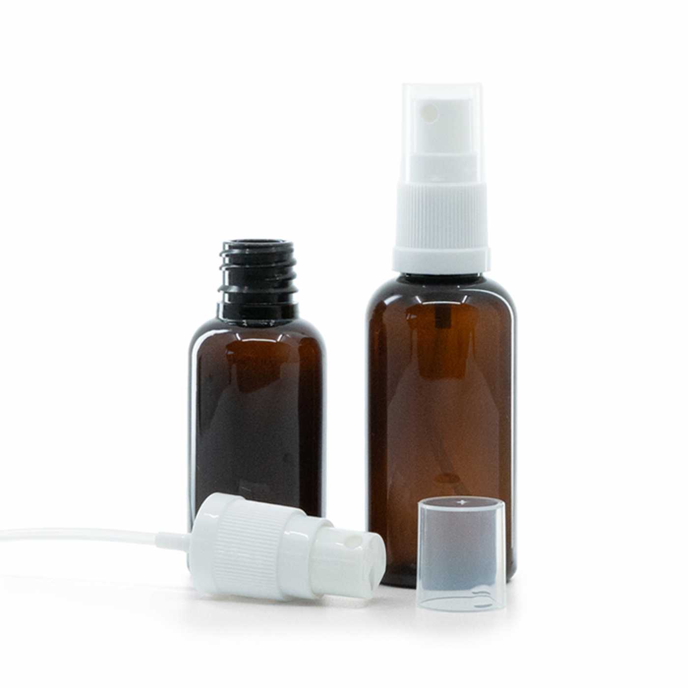 Butelka plastikowa bursztynowa, biały atomizer, 50 ml