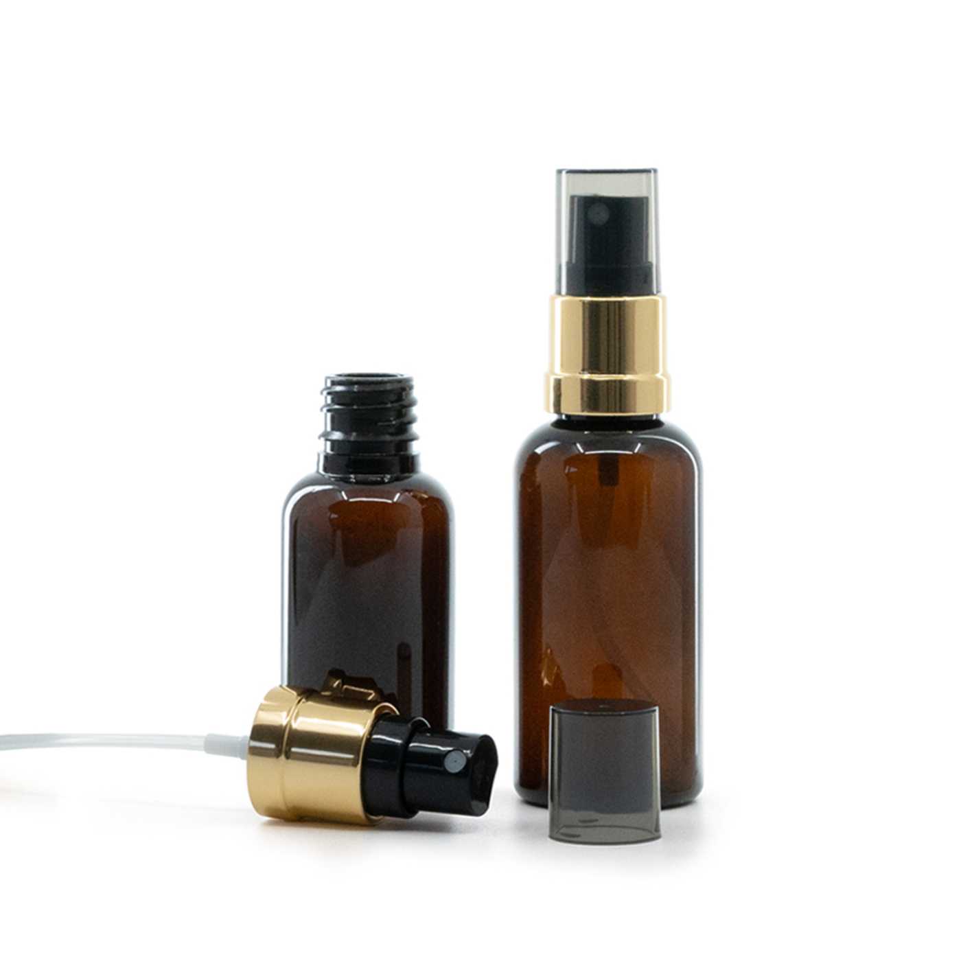 Butelka plastikowa bursztynowa, czarno-złoty atomizer, przydymiona nakładka, 50 ml