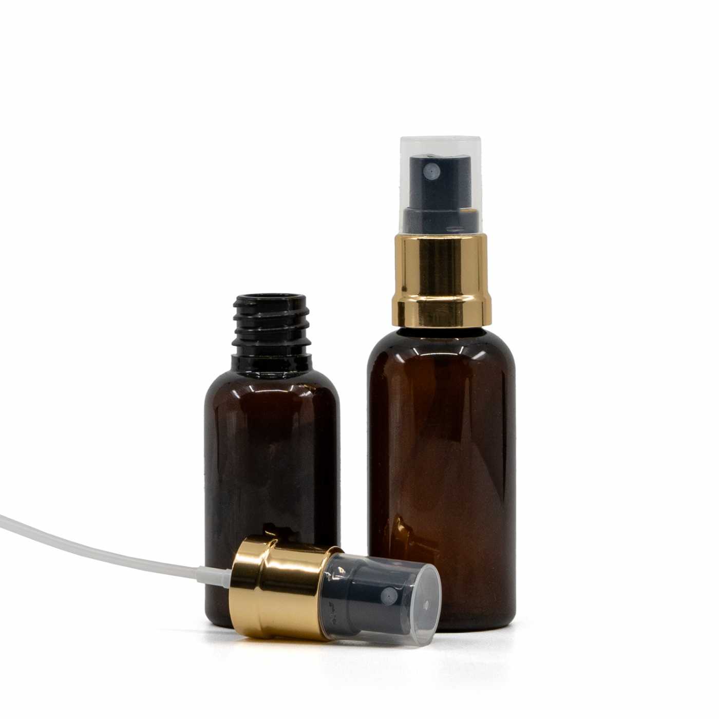 Butelka plastikowa, apteczna, brązowa, czarno-złoty atomizer, 50 ml