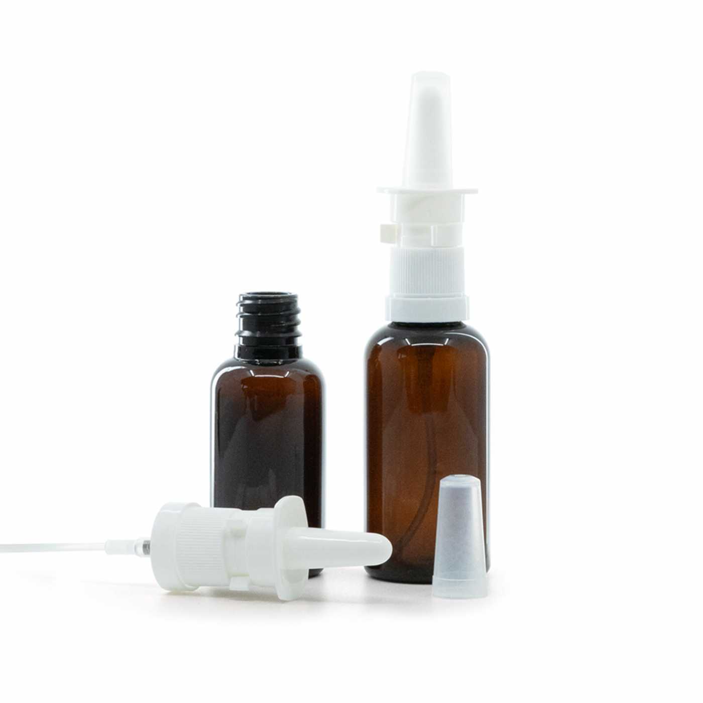 Butelka plastikowa brązowa, biały atomizer do nosa, 50 ml