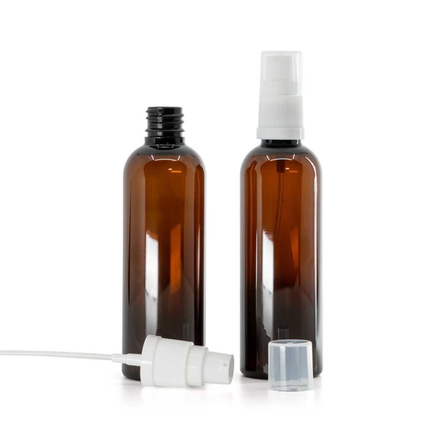 Butelka plastikowa apteczna, brązowa, biały dozownik, 100 ml