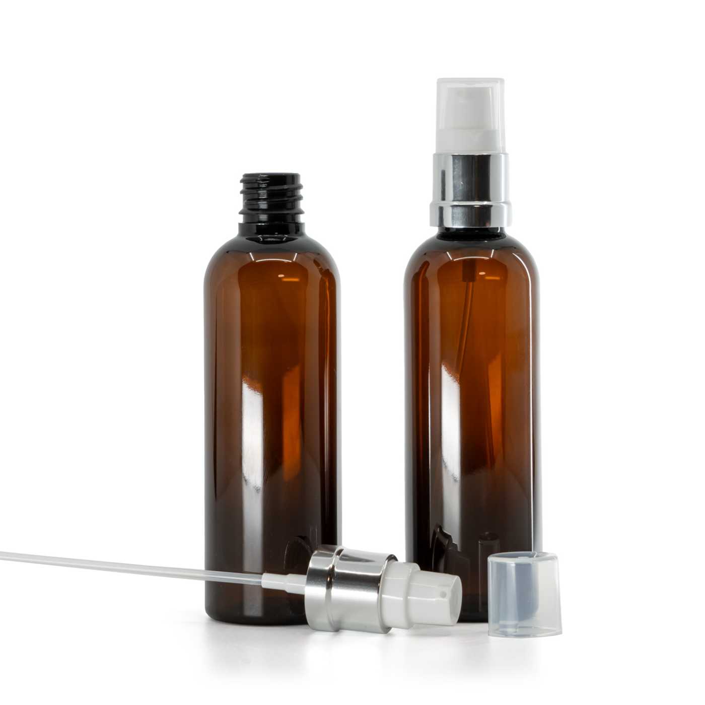 Butelka plastikowa brązowa, biało-srebrna błyszcząca pompka, 100 ml