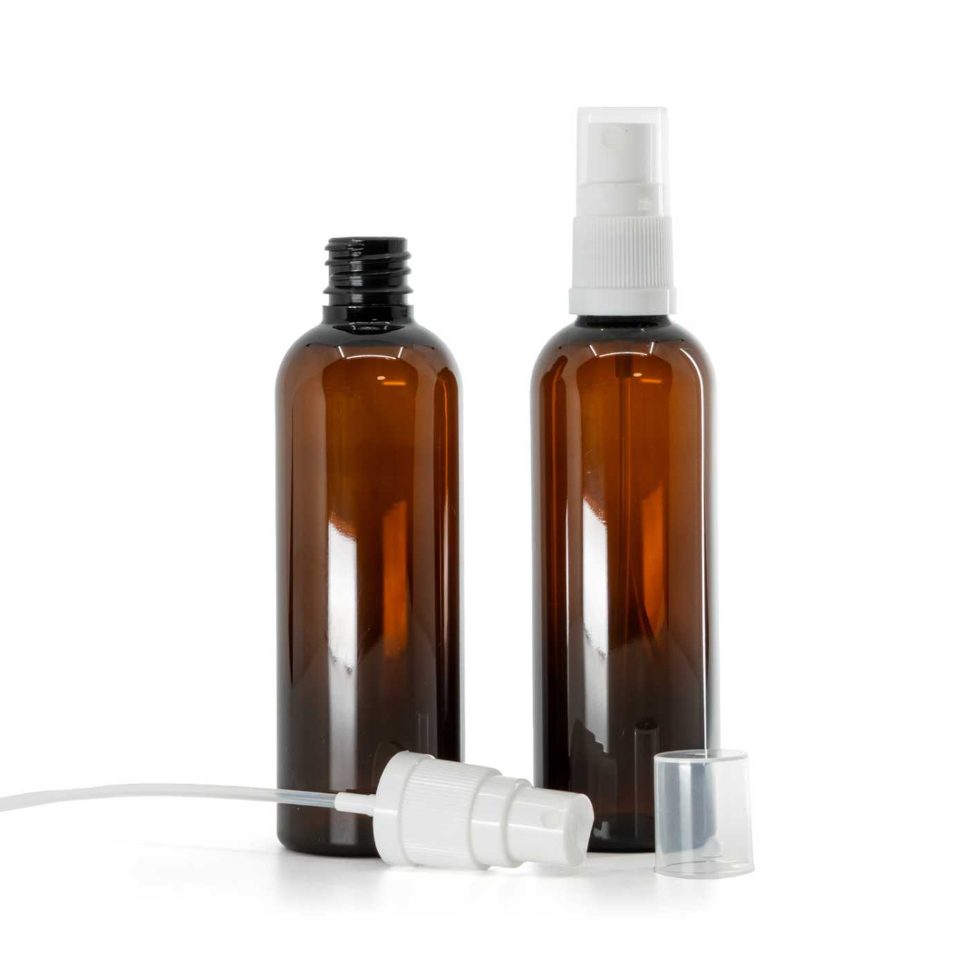 Plastová lahvička, hnědá, bílý rozprašovač, 18 mm, 100 ml