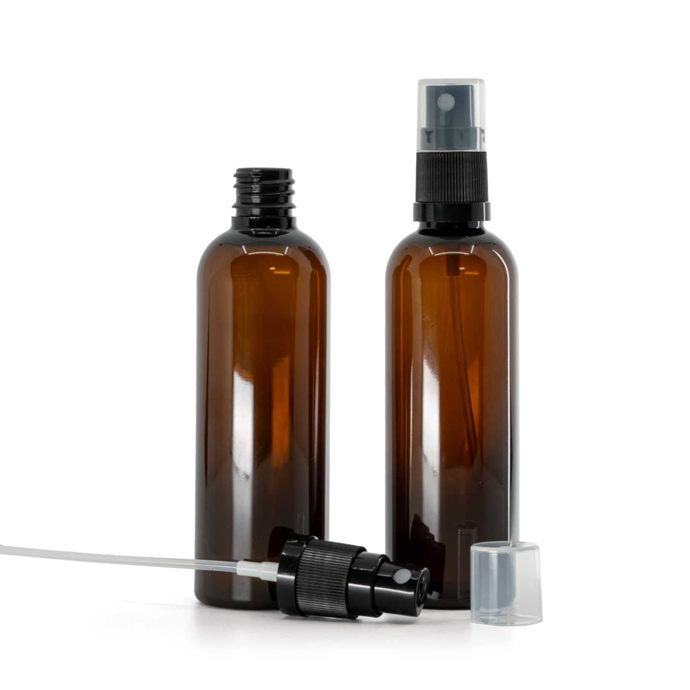 Butelka plastikowa, apteczna, brązowa, czarny atomizer, 100 ml