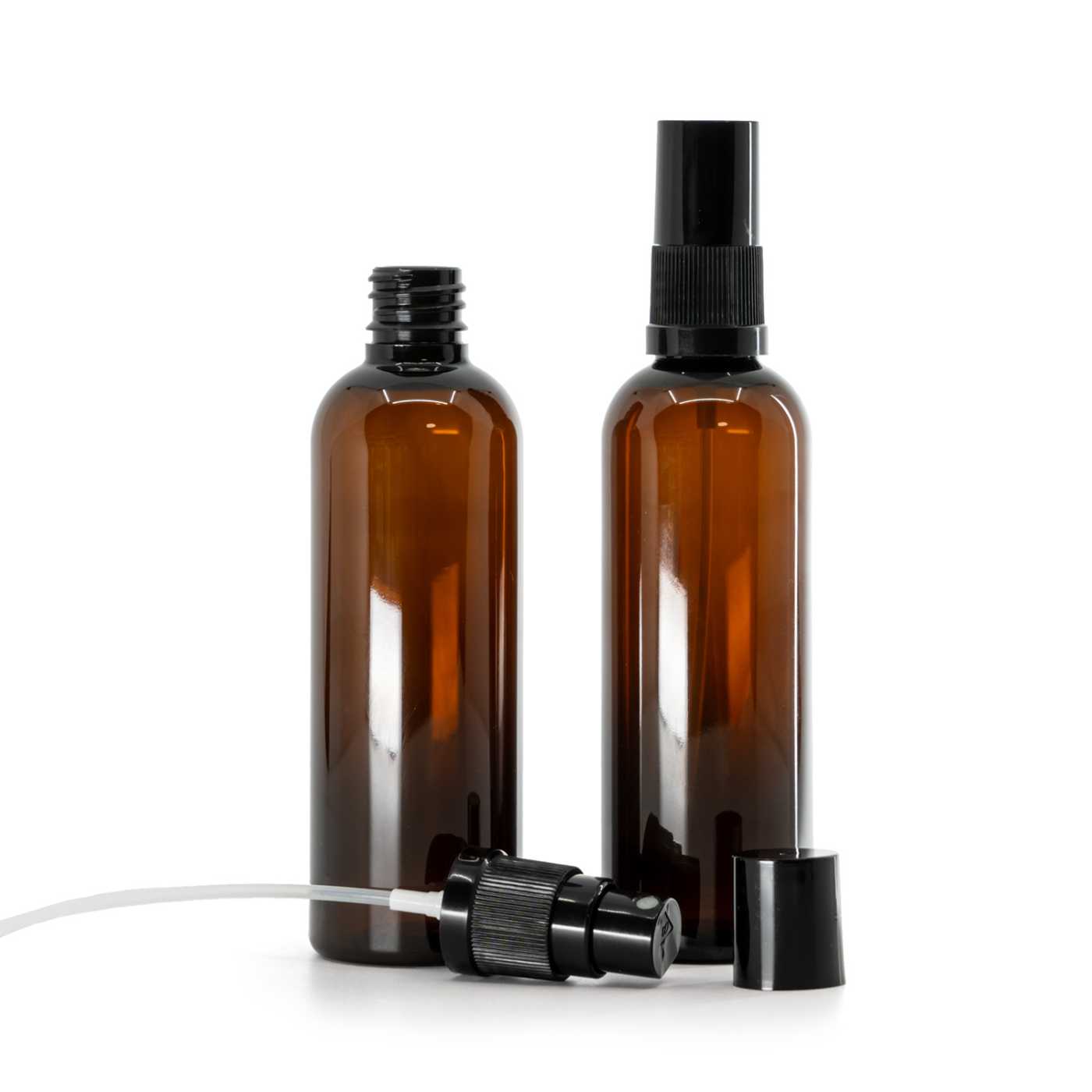 Butelka plastikowa, apteczna, brązowa, czarny atomizer, czarna nakładka, 100 ml