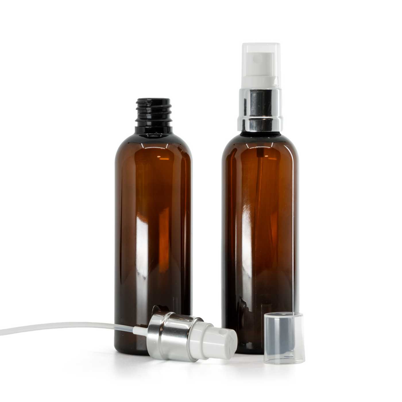 Butelka plastikowa brązowa, biało-srebrny atomizer, 100 ml