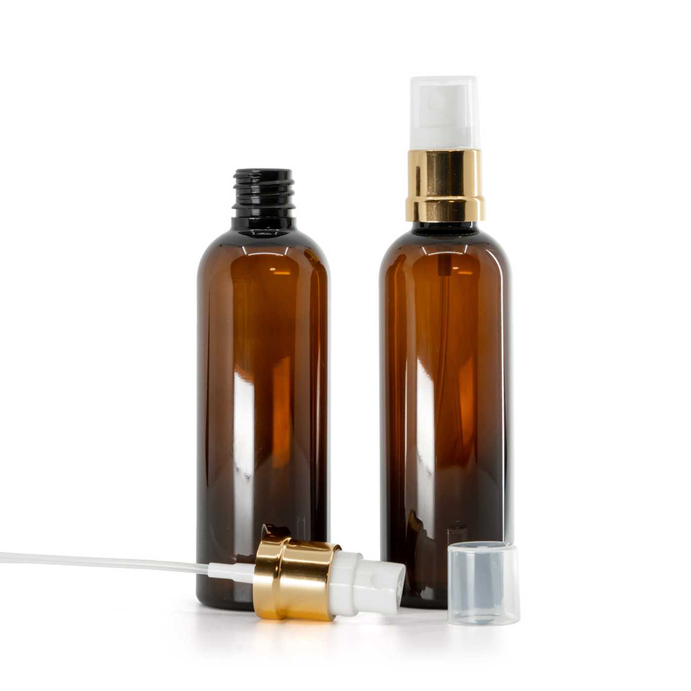 Butelka plastikowa apteczna, brązowa, biało-złoty atomizer, 100 ml