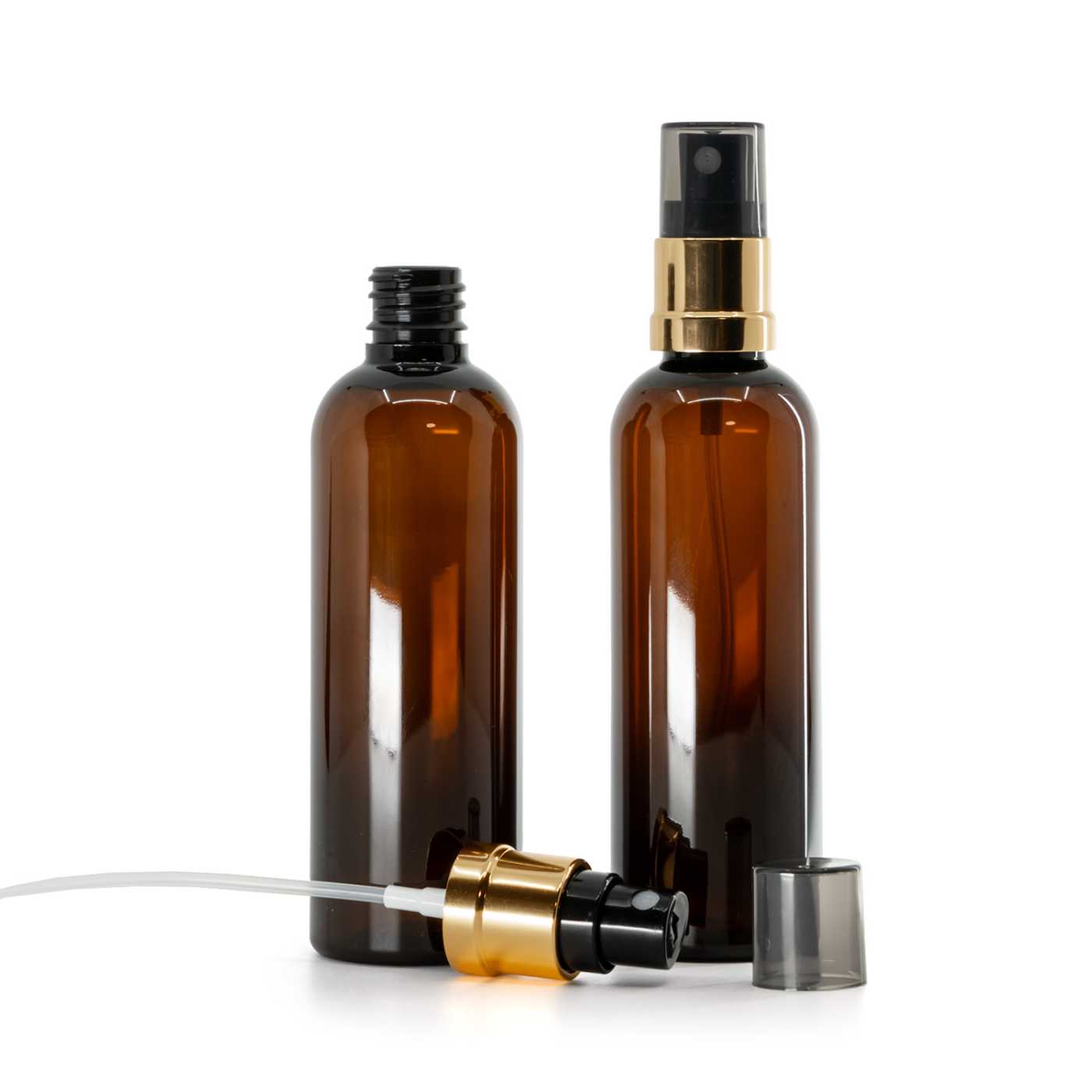 Plastová lahvička hnědá, černo-zlatý rozprašovač, dýmový kryt, 100 ml